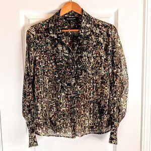 Jones New York Petite Sheer Green Multicolor Silk Pleat Front Ruffle Blouse
